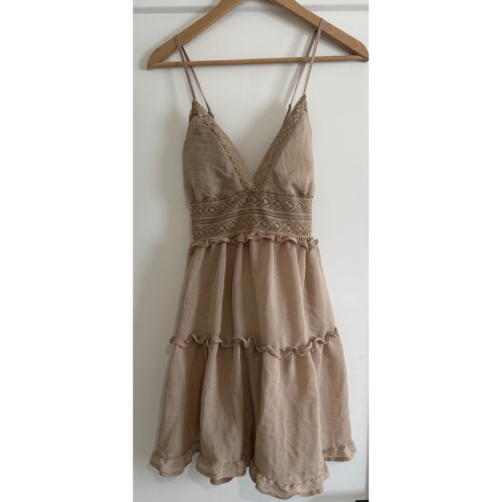 Streetwear Society Tan Boho Mini Dress XL Crochet Lace Tiered Ruffle Romantic
